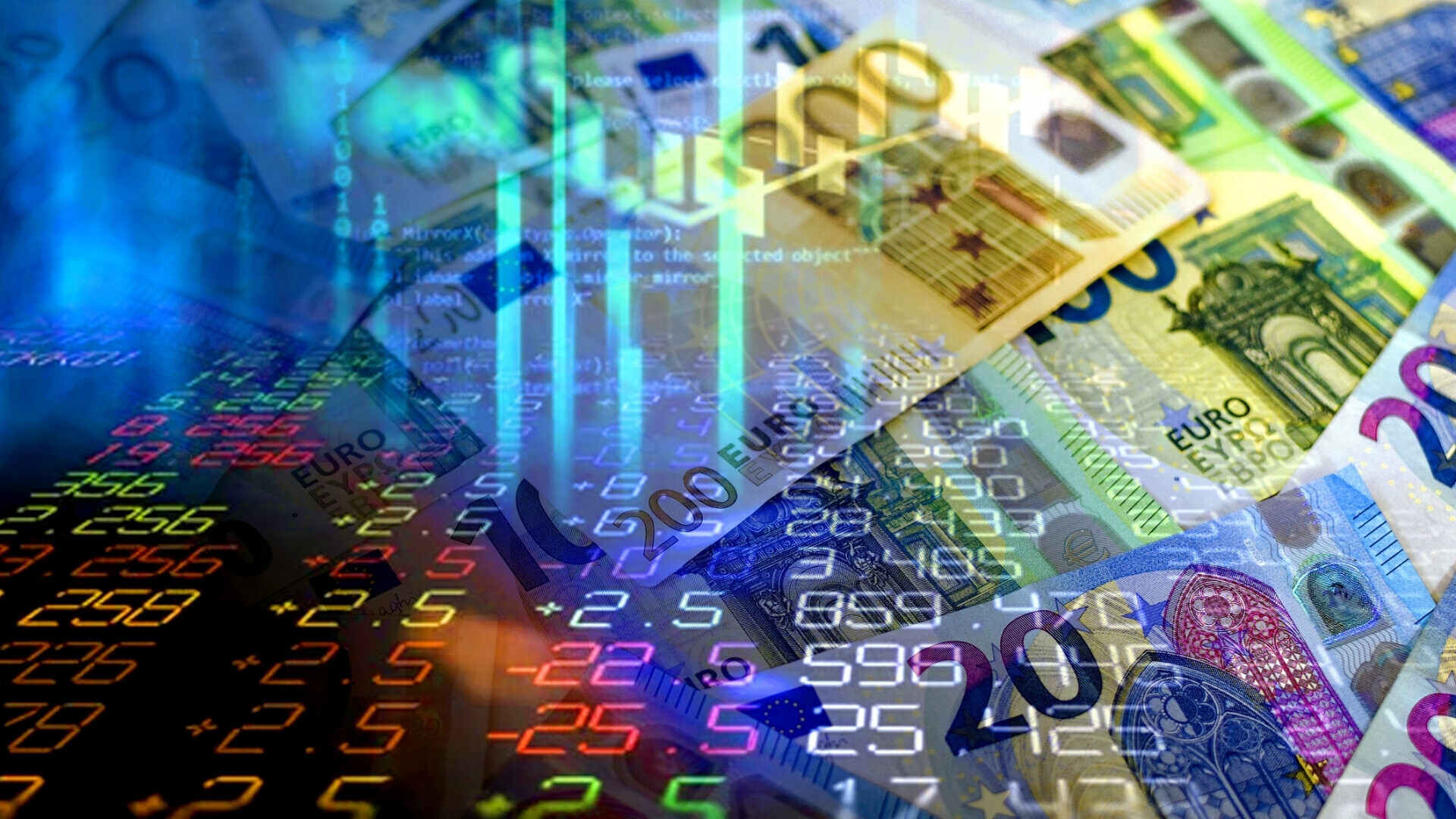 Banconote in euro e indicatori del mercato azionario Banconote in euro con indicatori di borsa, rappresentazione di denaro, affari, finanza, crisi, successo, svalutazione e inflazione.