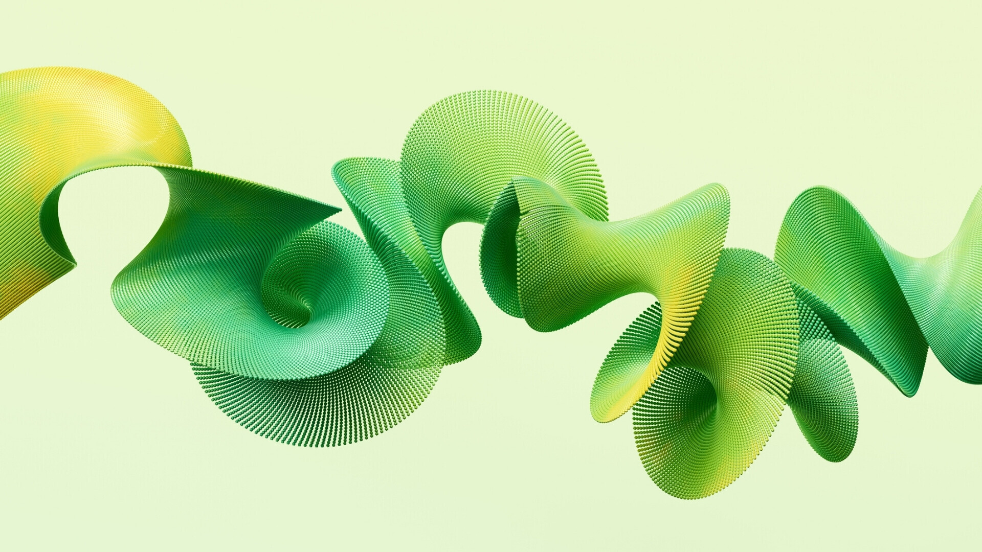 Struttura astratta a forma di nastro ondulato composta da piccoli punti regolarmente distribuiti, con colori che sfumano dal verde al giallo, rappresentazione artistica del flusso di energia o onde.