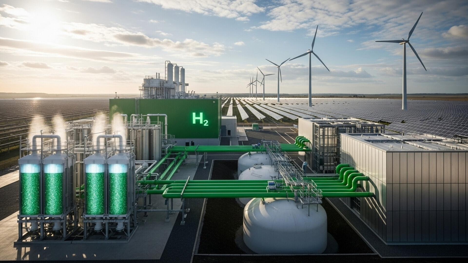 Vista dall’alto di un impianto a idrogeno che mostra la disposizione dei moduli produttivi, delle aree di stoccaggio e delle infrastrutture circostanti.