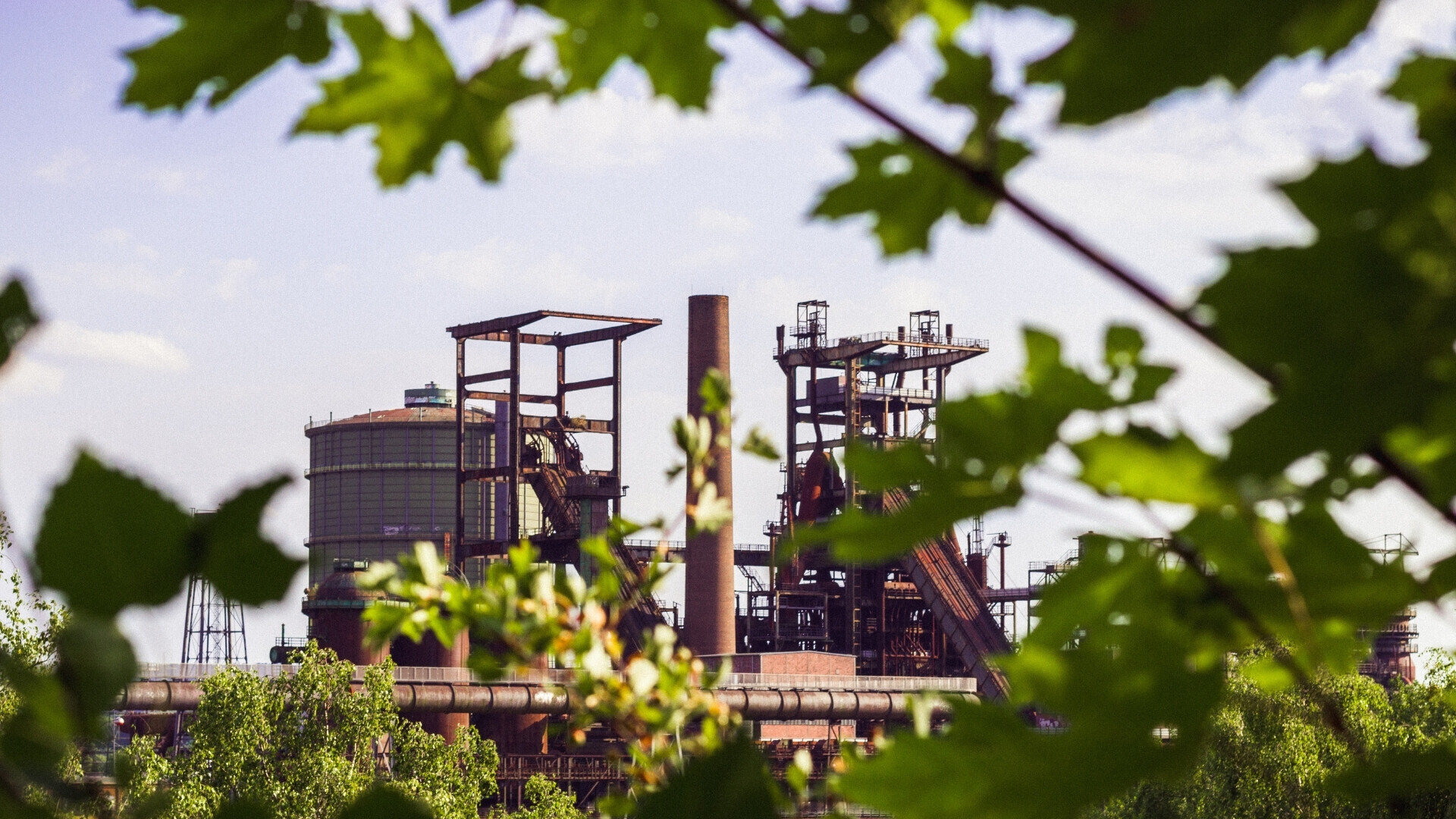 Complesso industriale parzialmente nascosto da rami di alberi in primo piano