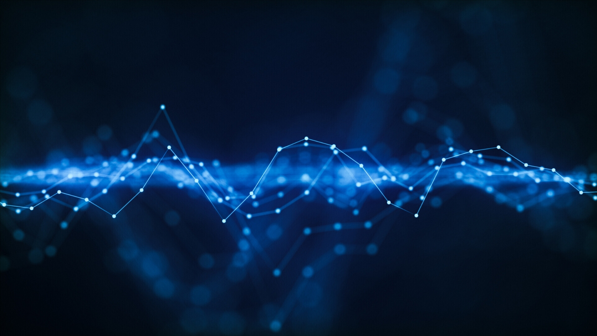 Onda digitale astratta blu formata da nodi e linee luminosi interconnessi, simbolo di trasmissione dati, reti neurali o analisi dei mercati finanziari, ideale per tecnologia, intelligenza artificiale e blockchain.