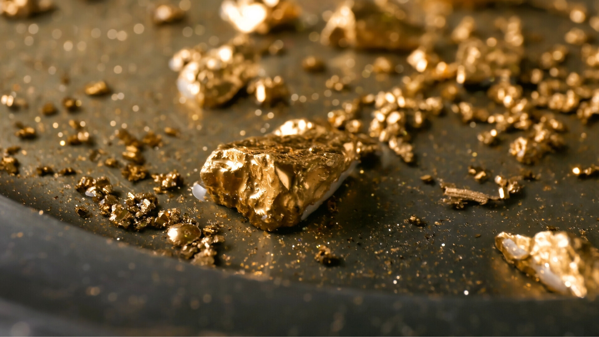 Gemmed'oro e piccoli frammenti Piccoli frammenti e pepite d’oro su sfondo neutro