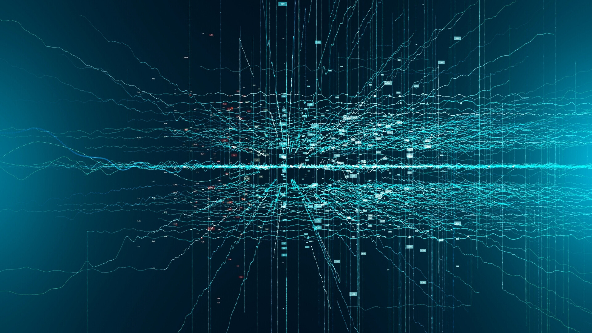 Tech_websim14 Linee luminose su sfondo scuro che simboleggiano dati in movimento.