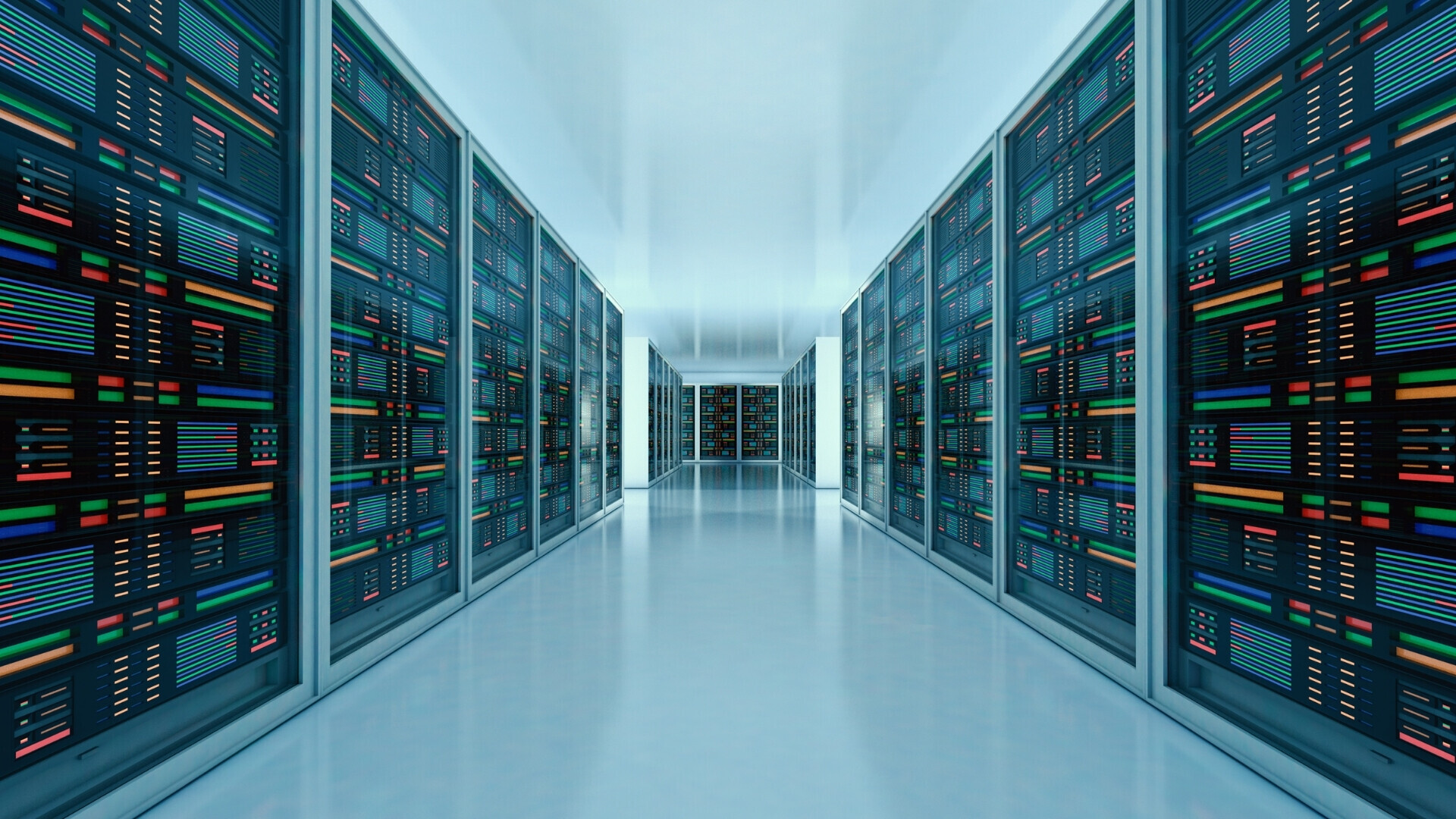 Interno di un data center con file di rack contenenti server e sistemi di raffreddamento.