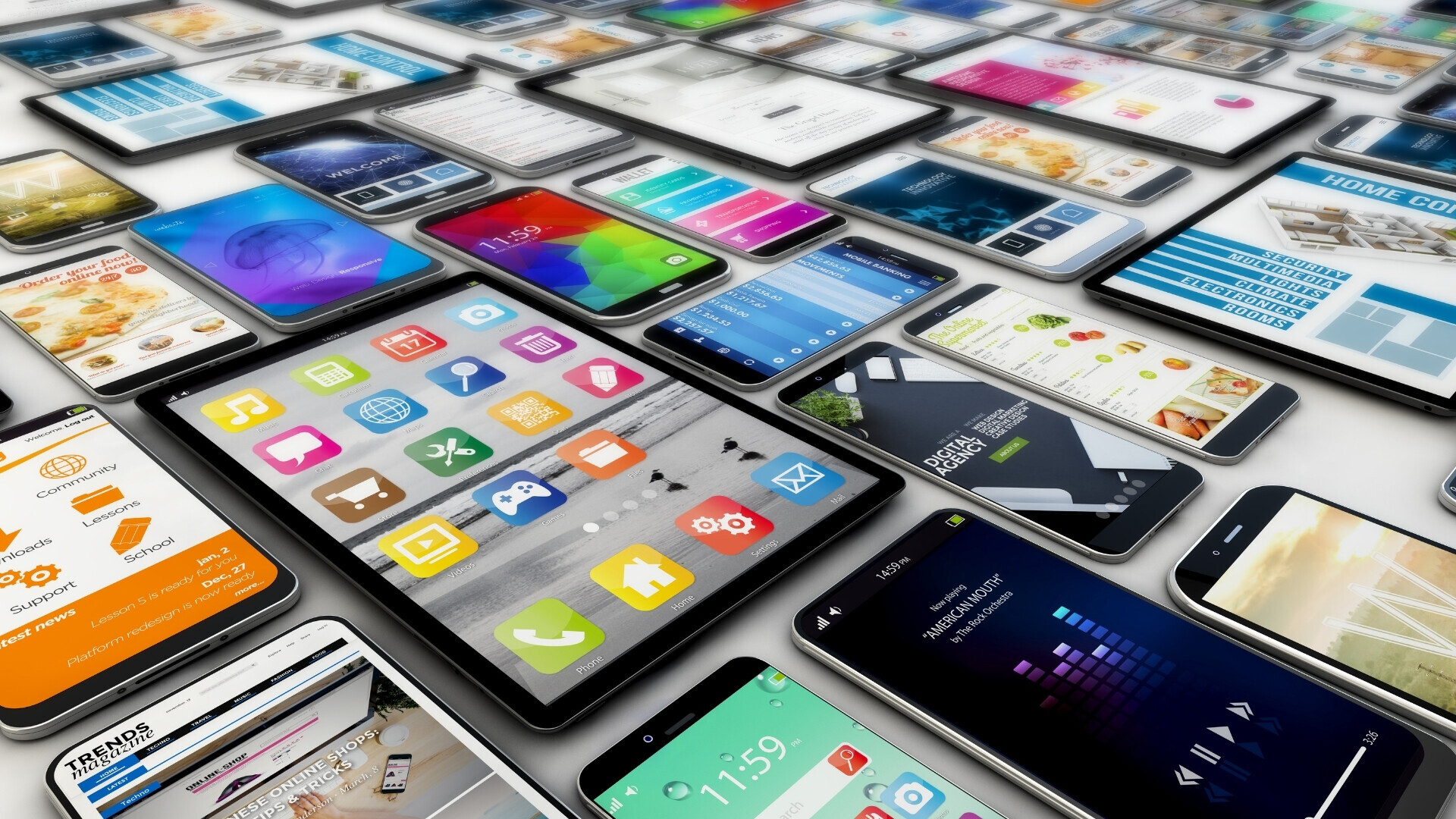 Fotografia di più dispositivi elettronici, inclusi tablet, smartphone e altri apparecchi collegati.