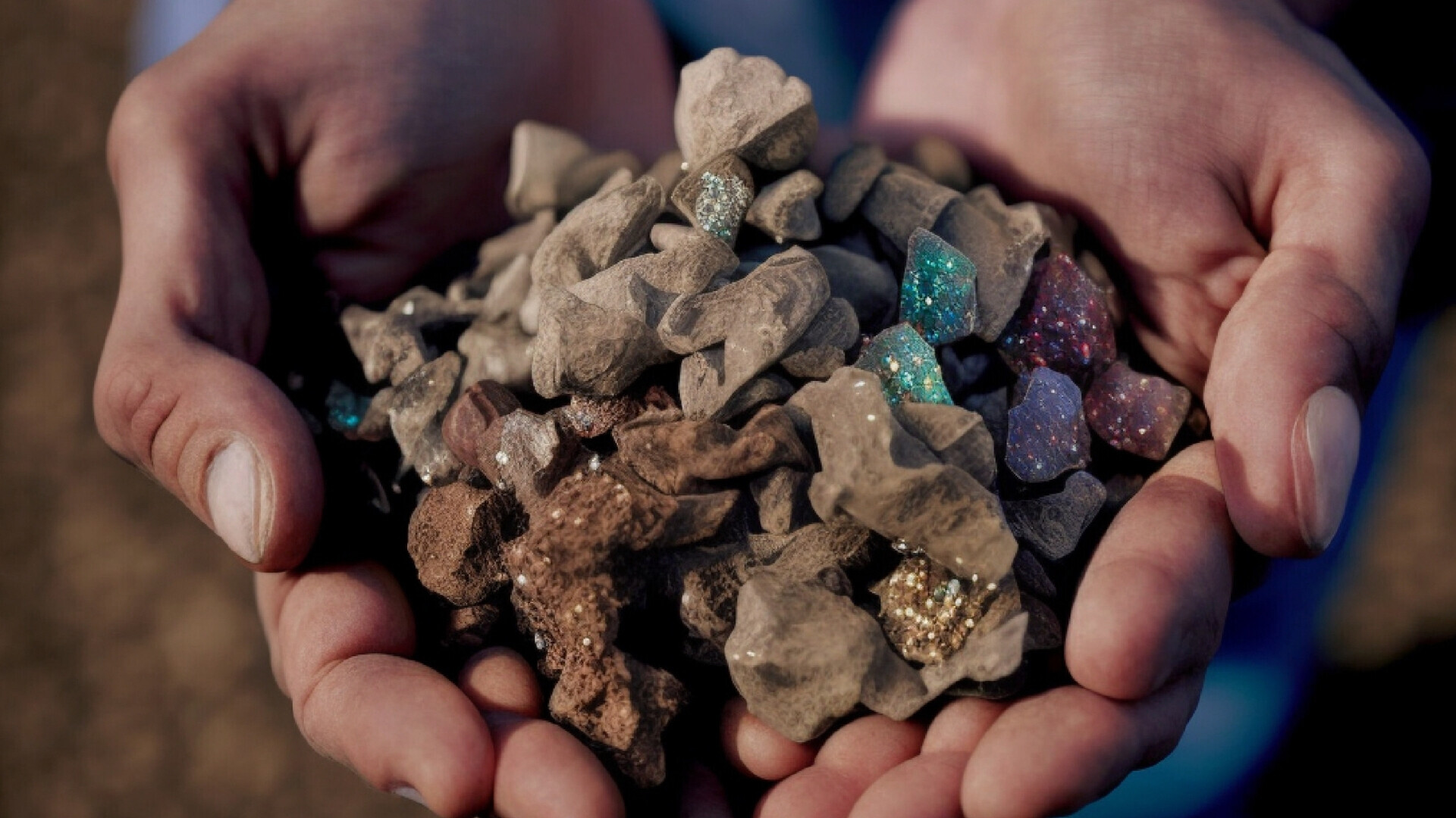 Due mani che tengono una piccola quantità di terre rare per esposizione o studio