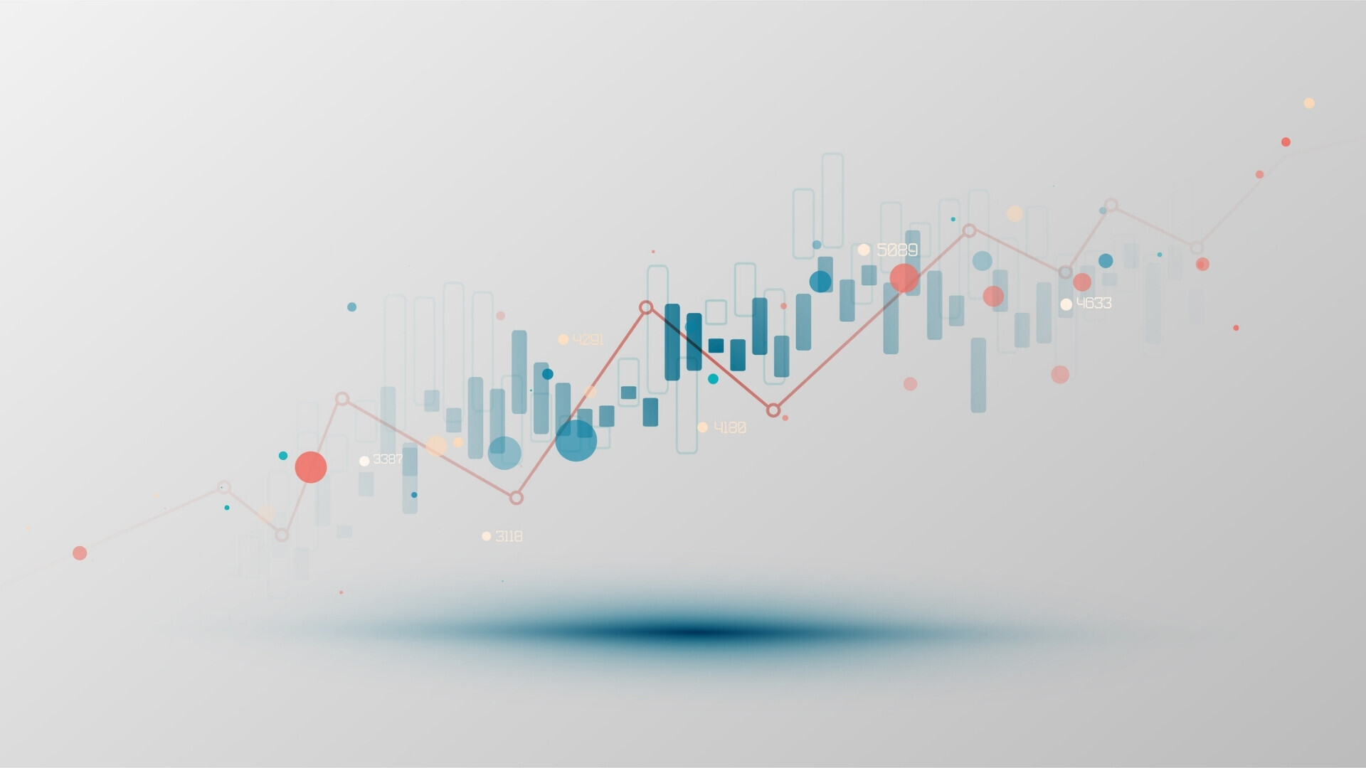 Visualizzazione infografica astratta: grafico finanziario con linee in crescita e candele, concetto di rete futuristica o analisi aziendale.