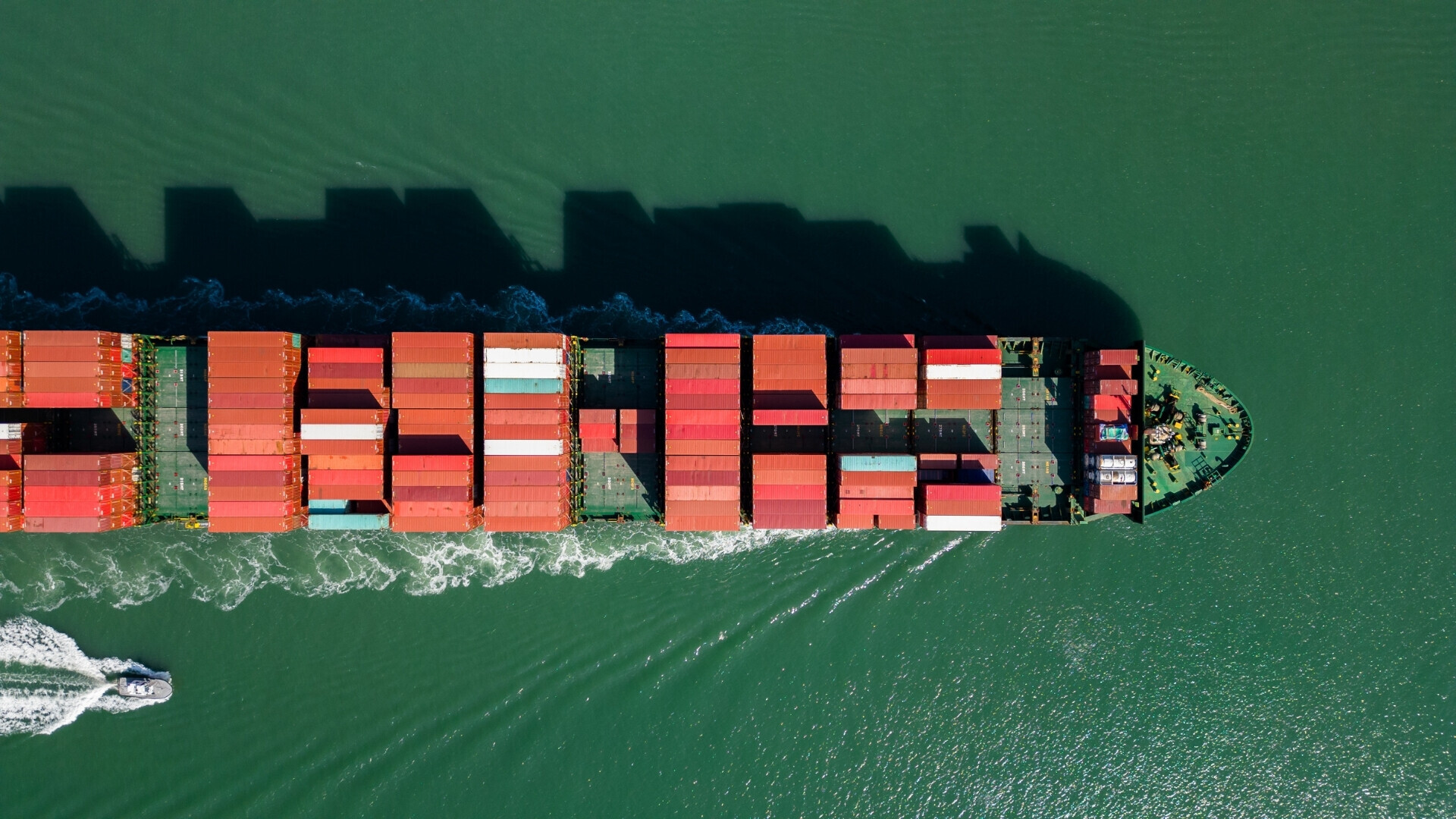 Immagine di una nave cargo in mare, carica di container impilati sul ponte.