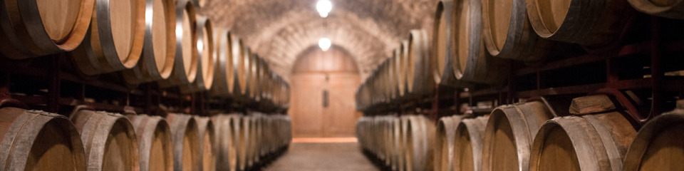 Botti di legno in una cantina antica, dove il vino riposa